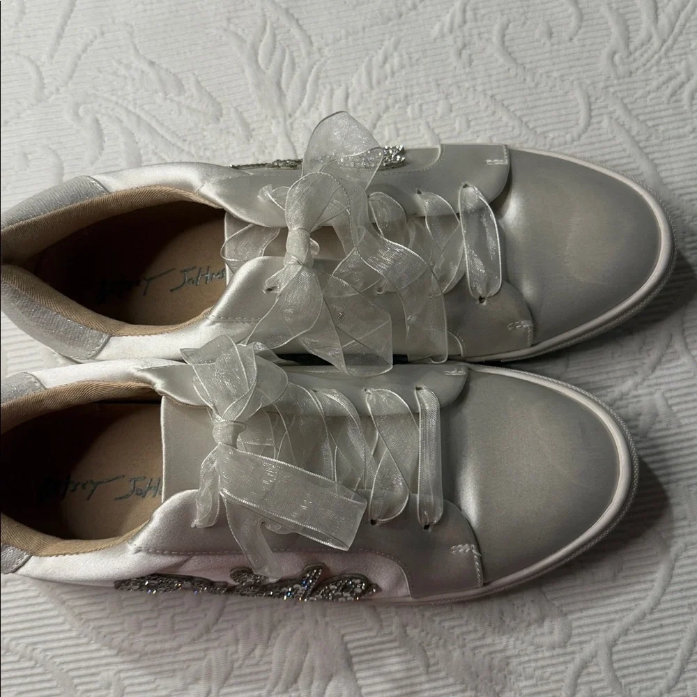 Betsey Johnson Cibil “Bride” Sneakers. Bling.  Size 8. Satin Ribbon lace.